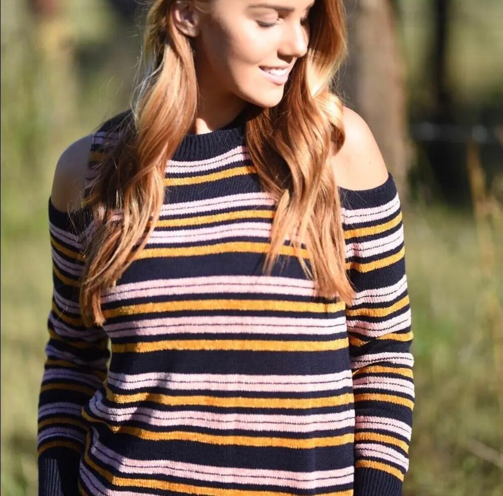 LOFT Ann Taylor Cold Shoulder Striped Sweater Navy Blue Pink Large